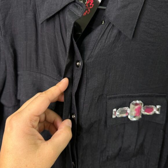 Cocomo Womens‎ Petite L Sheer Black Button-Up Shirt Rhinestone Long Sleeve - Picture 10 of 12